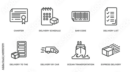 delivery and logistic outline icons set. thin line icons such as charter, delivery schedule, bar code, delivery list, to the door, by car, ocean transportation, express vector.
