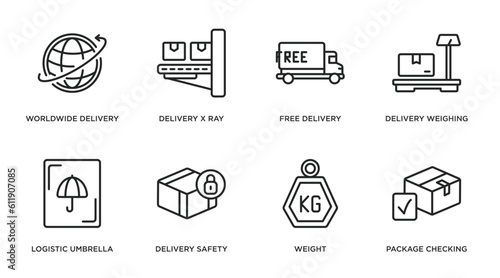 delivery and logistic outline icons set. thin line icons such as worldwide delivery, delivery x ray, free weighing, logistic umbrella, safety, weight, package checking vector.