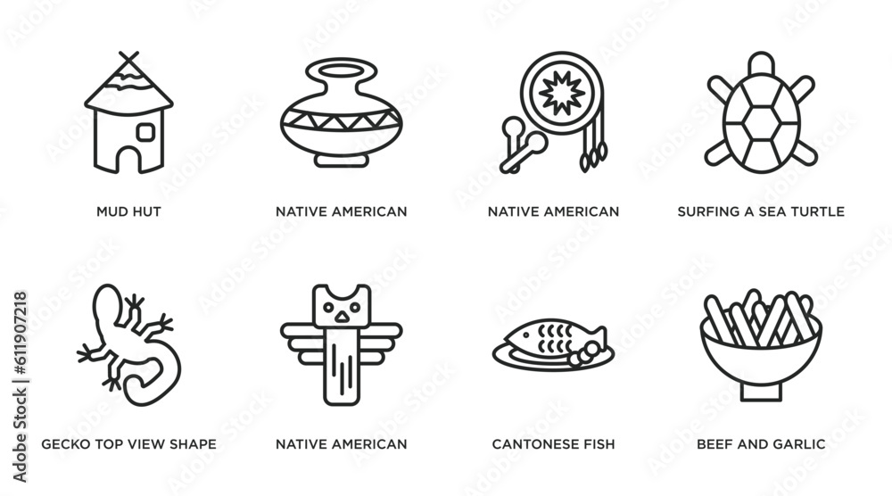 culture outline icons set. thin line icons such as mud hut, native american pot, native american drum, surfing a sea turtle, gecko top view shape, native american totem, cantonese fish, beef and