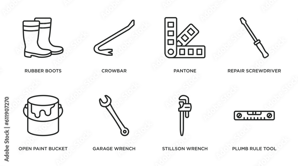 construction tools outline icons set. thin line icons such as rubber boots, crowbar, pantone, repair screwdriver, open paint bucket, garage wrench, stillson wrench, plumb rule tool vector. construction tools outline icons set. thin line icons such as rubber boots, crowbar, pantone, repair screwdriver, open paint bucket, garage wrench, stillson wrench, plumb rule tool vector.
