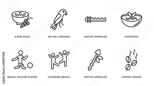 culture outline icons set. thin line icons such as ajoblanco, aw on a branch, native american flute, gazpacho, brazil soccer player, capoeira brazil dancers, native american spear, coffee grains