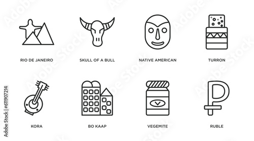 culture outline icons set. thin line icons such as rio de janeiro, skull of a bull, native american mask, turron, kora, bo kaap, vegemite, ruble vector.