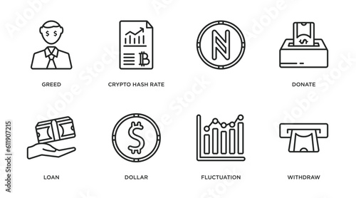 cryptocurrency outline icons set. thin line icons such as greed, crypto hash rate, , donate, loan, dollar, fluctuation, withdraw vector.