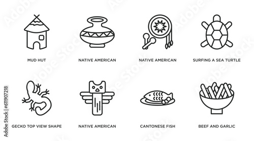 culture outline icons set. thin line icons such as mud hut, native american pot, native american drum, surfing a sea turtle, gecko top view shape, native american totem, cantonese fish, beef and