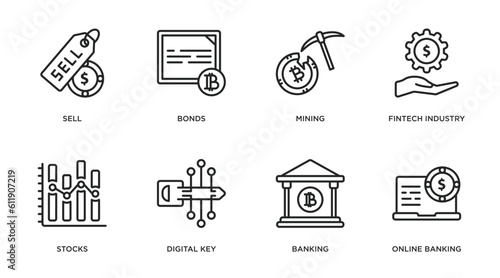 cryptocurrency outline icons set. thin line icons such as sell, bonds, mining, fintech industry, stocks, digital key, banking, online banking vector.