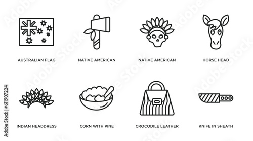 culture outline icons set. thin line icons such as australian flag, native american axes, native american skull, horse head, indian headdress, corn with pine, crocodile leather bag, knife in sheath