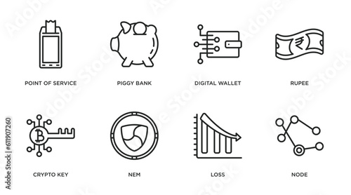 cryptocurrency outline icons set. thin line icons such as point of service, piggy bank, digital wallet, rupee, crypto key, nem, loss, node vector.