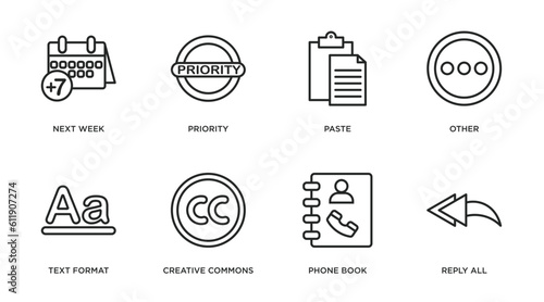 content outline icons set. thin line icons such as next week, priority, paste, other, text format, creative commons, phone book, reply all vector.