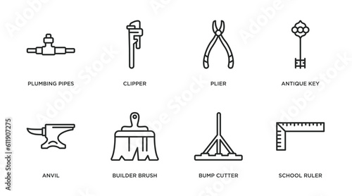 construction tools outline icons set. thin line icons such as plumbing pipes, clipper, plier, antique key, anvil, builder brush, bump cutter, school ruler vector.