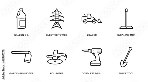 construction tools outline icons set. thin line icons such as gallon oil, electric tower, loader, cleaning mop, gardening digger, polishers, cordless drill, spade tool vector.
