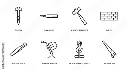 construction tools outline icons set. thin line icons such as screw, drawing, sledge hammer, brick, wedge tool, cement mixers, hook with cargo, hand saw vector.