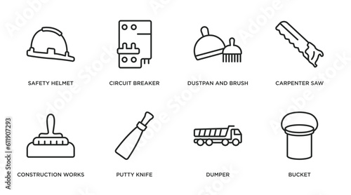 construction tools outline icons set. thin line icons such as safety helmet, circuit breaker, dustpan and brush, carpenter saw, construction works, putty knife, dumper, bucket vector.