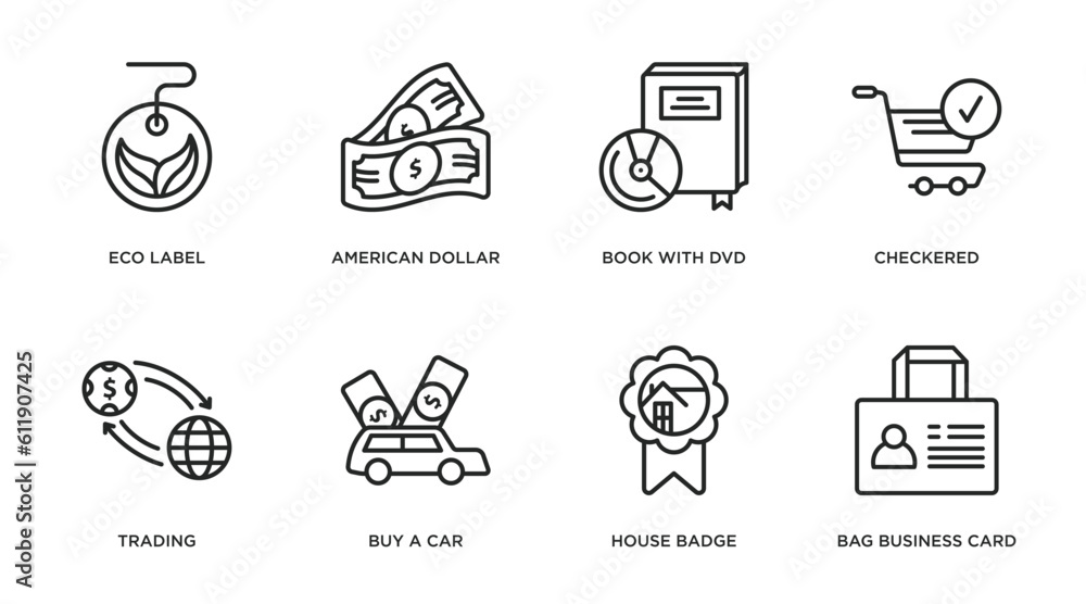 commerce outline icons set. thin line icons such as eco label, american dollar, book with dvd, checkered, trading, buy a car, house badge, bag business card vector. commerce outline icons set. thin line icons such as eco label, american dollar, book with dvd, checkered, trading, buy a car, house badge, bag business card vector.