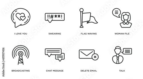 communications outline icons set. thin line icons such as i love you, swearing, flag waving, woman file, broadcasting, chat message, delete email, talk vector.
