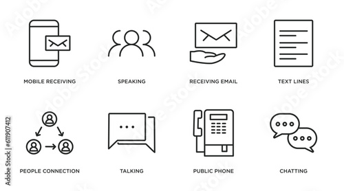 communication outline icons set. thin line icons such as mobile receiving email, speaking, receiving email, text lines, people connection, talking, public phone, chatting vector.