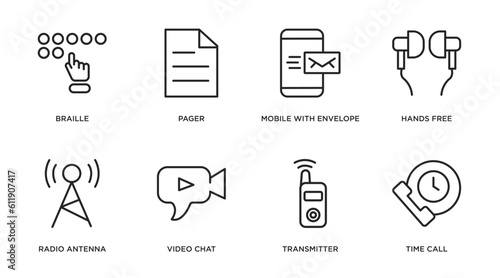 communication outline icons set. thin line icons such as braille, pager, mobile with envelope, hands free, radio antenna, video chat, transmitter, time call vector.