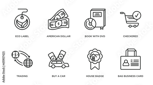 commerce outline icons set. thin line icons such as eco label, american dollar, book with dvd, checkered, trading, buy a car, house badge, bag business card vector.
