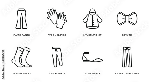 clothes outline icons set. thin line icons such as flare pants, wool gloves, nylon jacket, bow tie, women socks, sweatpants, flat shoes, oxford wave suit pants vector.