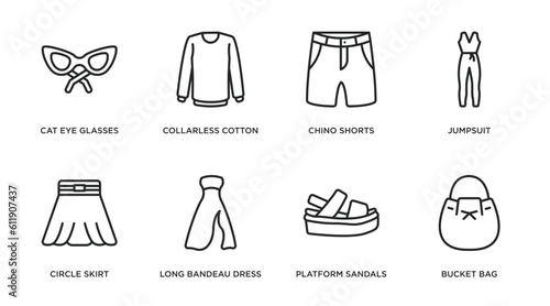 clothes outline icons set. thin line icons such as cat eye glasses, collarless cotton shirt, chino shorts, jumpsuit, circle skirt, long bandeau dress, platform sandals, bucket bag vector.