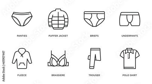 clothes outline icons set. thin line icons such as panties, puffer jacket, briefs, underpants, fleece, brassiere, trouser, polo shirt vector.