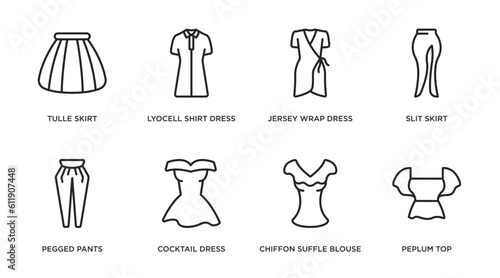 clothes outline icons set. thin line icons such as tulle skirt, lyocell shirt dress, jersey wrap dress, slit skirt, pegged pants, cocktail dress, chiffon suffle blouse, peplum top vector.