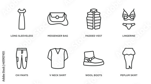 clothes outline icons set. thin line icons such as long sleeveless dress, messenger bag, padded vest, lingerine, chi pants, v neck shirt, wool boots, peplum skirt vector.