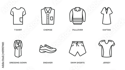 clothes outline icons set. thin line icons such as t-shirt, chemise, pullover, kaftan, dressing gown, sneaker, swim shorts, jersey vector.