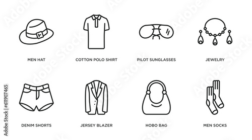 clothes outline icons set. thin line icons such as men hat, cotton polo shirt, pilot sunglasses, jewelry, denim shorts, jersey blazer, hobo bag, men socks vector.