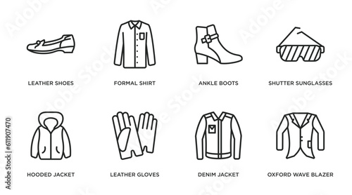 clothes outline icons set. thin line icons such as leather shoes, formal shirt, ankle boots, shutter sunglasses, hooded jacket, leather gloves, denim jacket, oxford wave blazer vector.