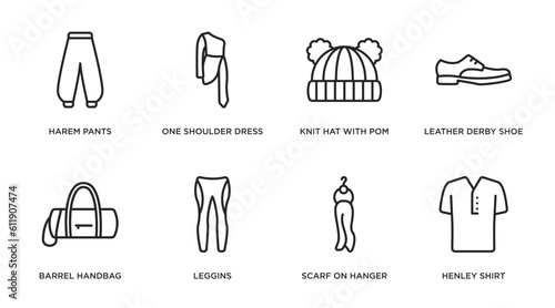 clothes outline icons set. thin line icons such as harem pants, one shoulder dress, knit hat with pom pom, leather derby shoe, barrel handbag, leggins, scarf on hanger, henley shirt vector.