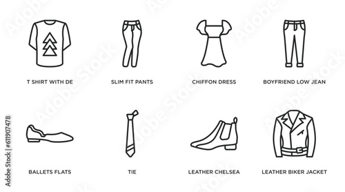 clothes outline icons set. thin line icons such as t shirt with de, slim fit pants, chiffon dress, boyfriend low jean, ballets flats, tie, leather chelsea boots, leather biker jacket vector.
