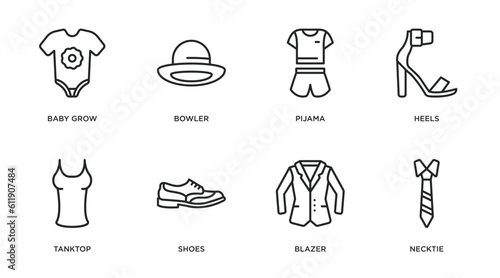 clothes outline icons set. thin line icons such as baby grow, bowler, pijama, heels, tanktop, shoes, blazer, necktie vector.