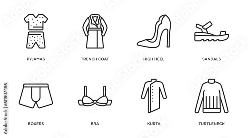clothes outline icons set. thin line icons such as pyjamas, trench coat, high heel, sandals, boxers, bra, kurta, turtleneck vector.