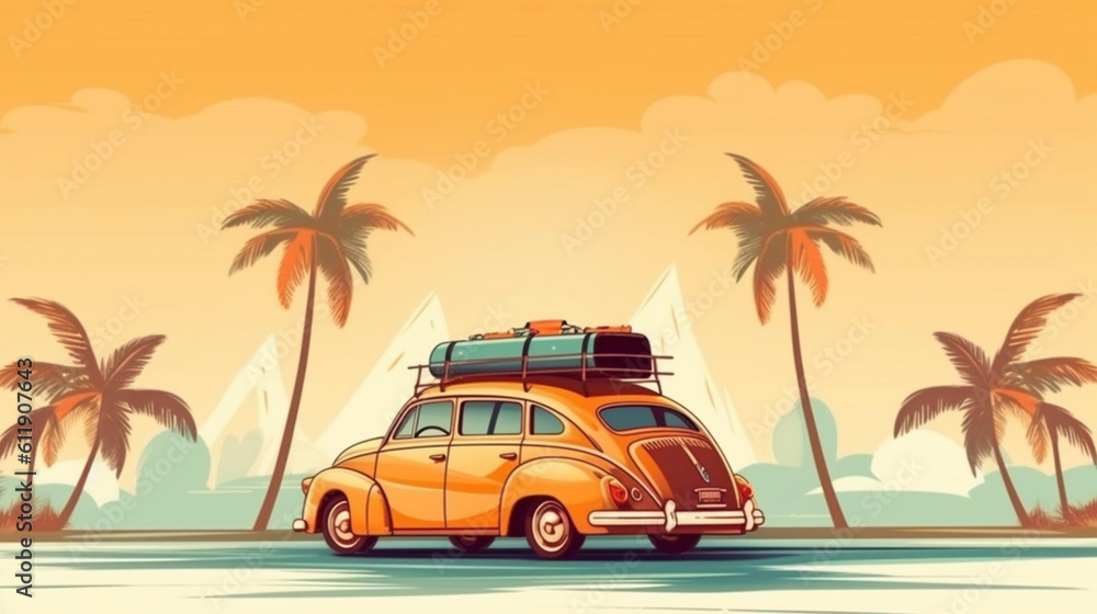 Funny_retro_car_with_surfboard_and_suitcase on the beach with palm trees in the background