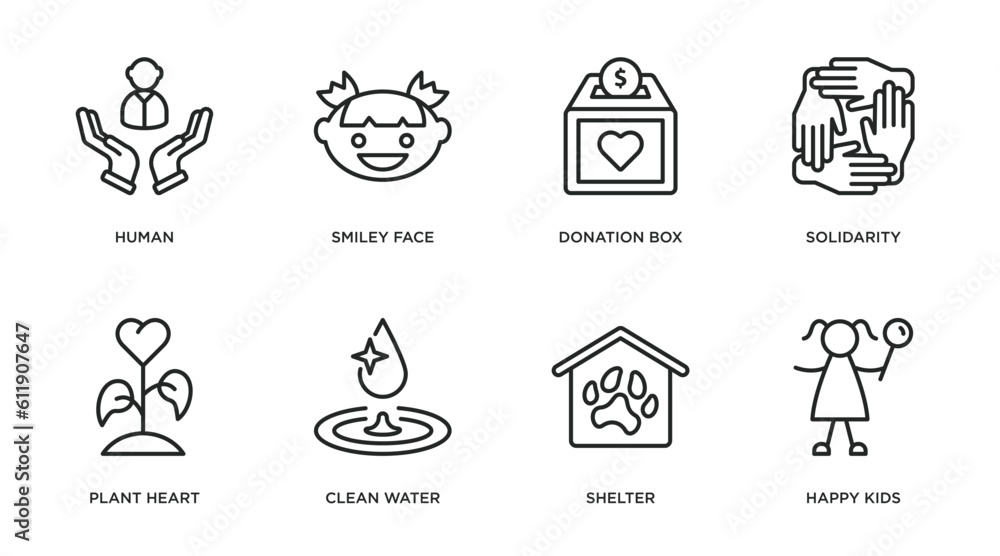charity outline icons set. thin line icons such as human, smiley face, donation box, solidarity, plant heart, clean water, shelter, happy kids vector.