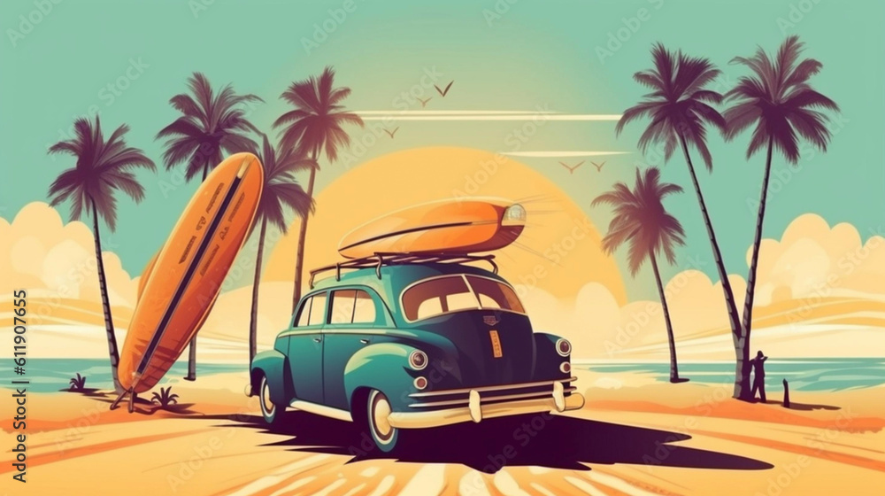 Funny_retro_car_with_surfboard_and_suitcase on the beach with palm trees in the background