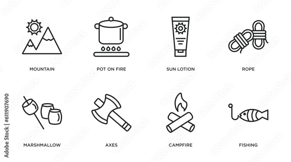 camping outline icons set. thin line icons such as mountain, pot on fire, sun lotion, rope, marshmallow, axes, campfire, fishing vector. camping outline icons set. thin line icons such as mountain, pot on fire, sun lotion, rope, marshmallow, axes, campfire, fishing vector.
