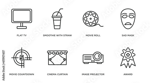 cinema outline icons set. thin line icons such as flat tv, smoothie with straw, movie roll, sad mask, movie countdown, cinema curtain, image projector, award vector.