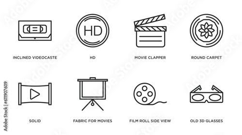 cinema outline icons set. thin line icons such as inclined videocaste, hd, movie clapper, round carpet, solid, fabric for movies, film roll side view, old 3d glasses vector.