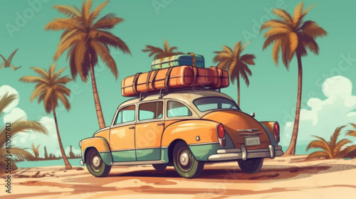 Funny_retro_car_with_surfboard_and_suitcase on the beach with palm trees in the background © Dirk