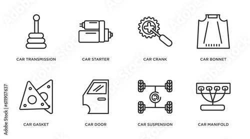 car parts outline icons set. thin line icons such as car transmission, car starter, crank, bonnet, gasket, door, suspension, manifold vector.