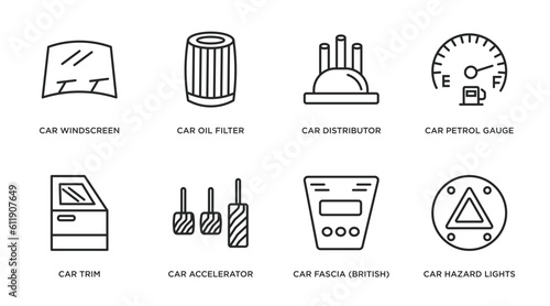 car parts outline icons set. thin line icons such as car windscreen, car oil filter, distributor cap, petrol gauge, trim, accelerator, fascia (british), hazard lights vector.