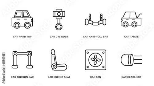 car parts outline icons set. thin line icons such as car hard top, car cylinder, anti-roll bar, taiate, torsion bar, bucket seat, fan, headlight vector.