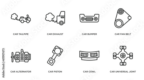 car parts outline icons set. thin line icons such as car tailpipe, car exhaust, bumper, fan belt, alternator, piston, cowl, universal joint vector.