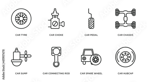 car parts outline icons set. thin line icons such as car tyre, car choke, pedal, chassis, sump, connecting rod, spare wheel, hubcap vector.