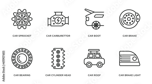 car parts outline icons set. thin line icons such as car sprocket, car carburettor, boot, brake, bearing, cylinder head, roof, brake light vector.