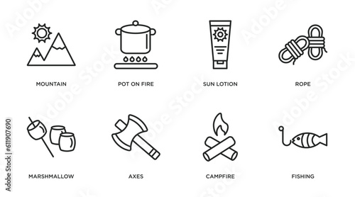 camping outline icons set. thin line icons such as mountain, pot on fire, sun lotion, rope, marshmallow, axes, campfire, fishing vector.