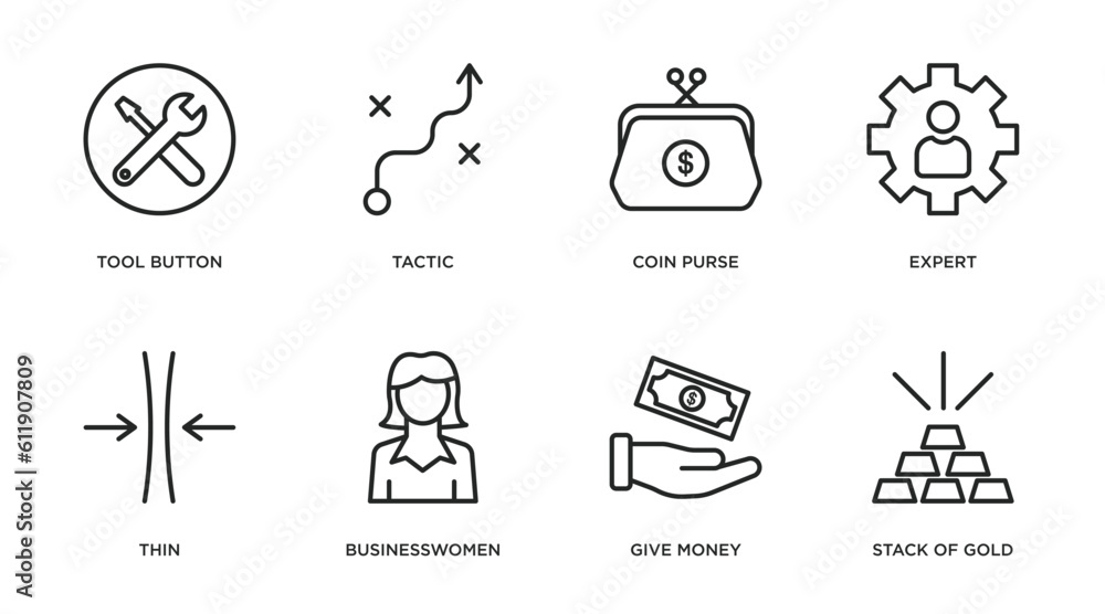 business outline icons set. thin line icons such as tool button, tactic, coin purse, expert, thin, businesswomen, give money, stack of gold vector.