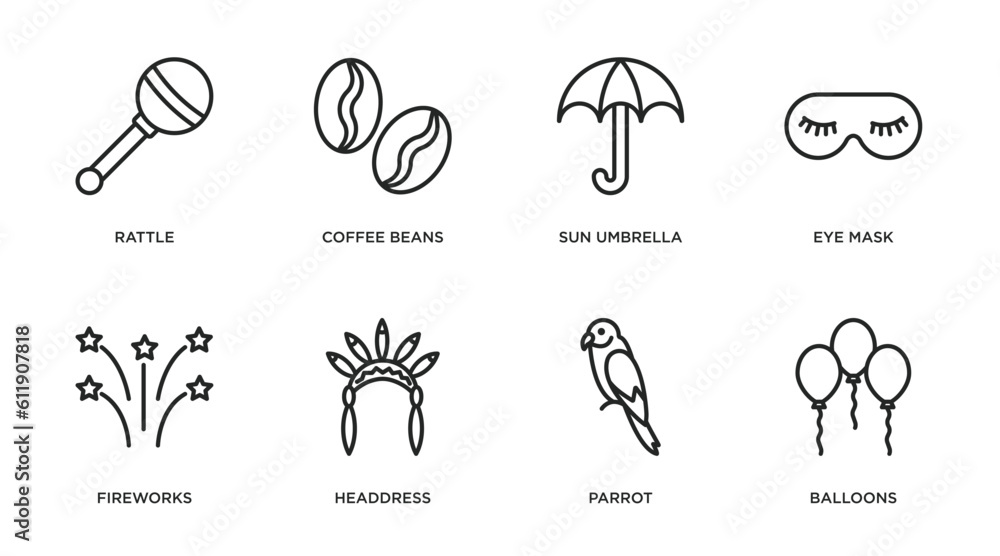 brazilia outline icons set. thin line icons such as rattle, coffee beans, sun umbrella, eye mask, fireworks, headdress, parrot, balloons vector.