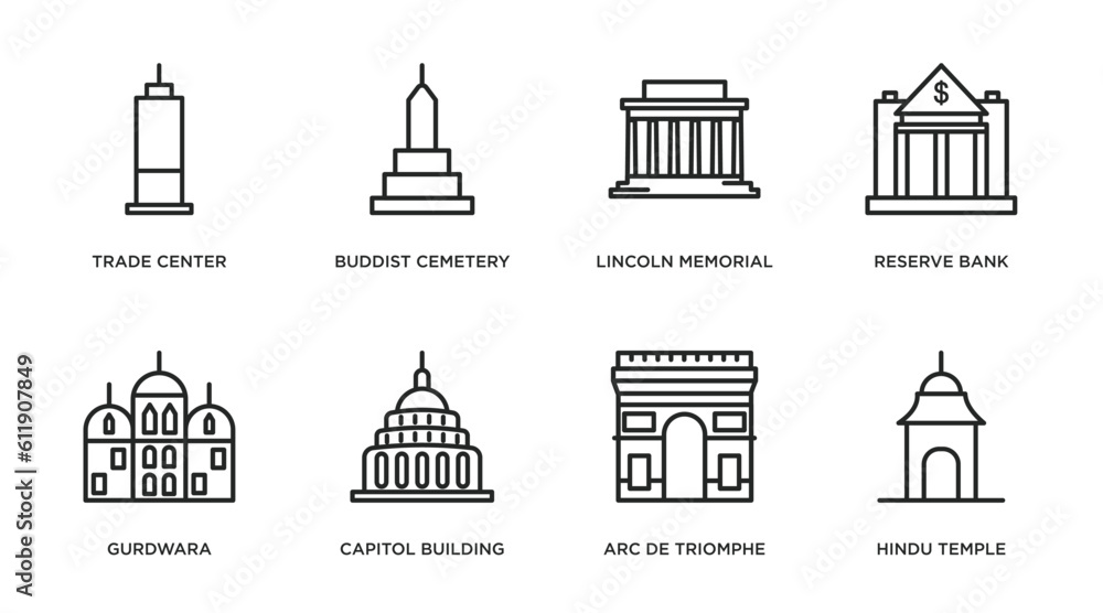 buildings outline icons set. thin line icons such as trade center, buddist cemetery, lincoln memorial, reserve bank, gurdwara, capitol building, arc de triomphe, hindu temple vector.